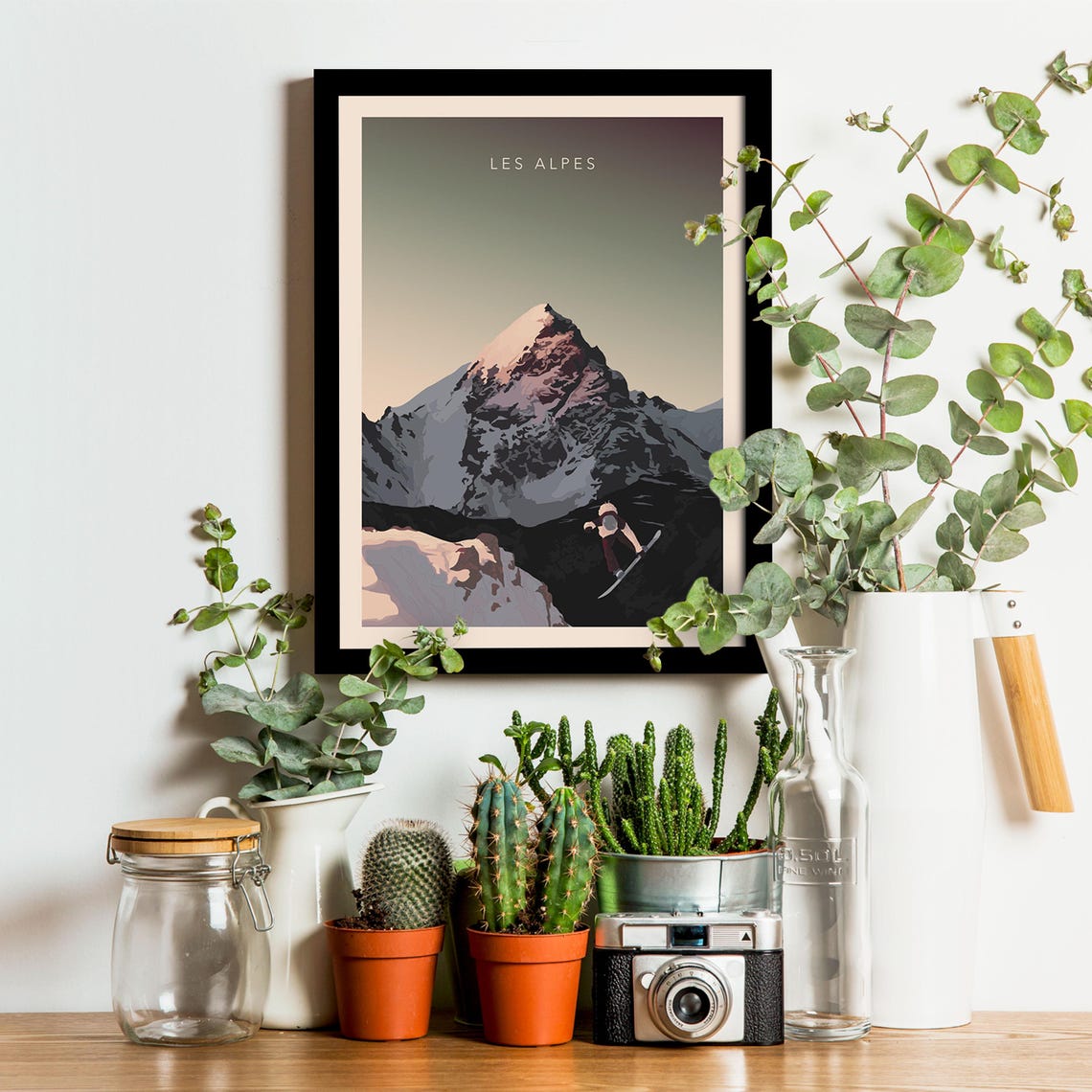 Les Alpes Snowboarder Sunset Ridge Rocky Peak Retro Travel Poster - Image 3
