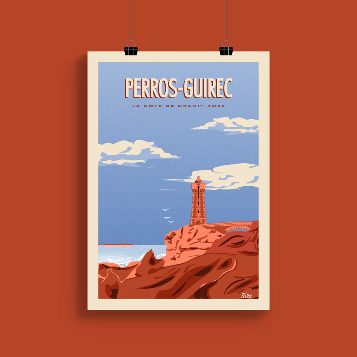 Perros Guirec Pink Granite Coast Red Lighthouse Travel Poster - Image 2