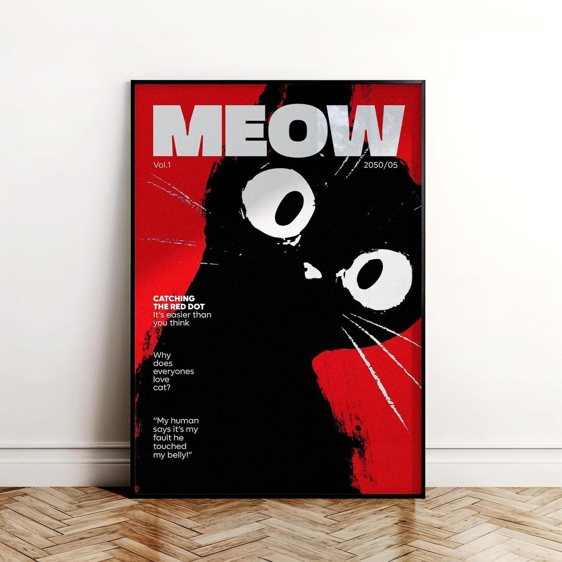 MEOW Funny Bold Black Cat Pop Art Magazine Style Cover Poster
