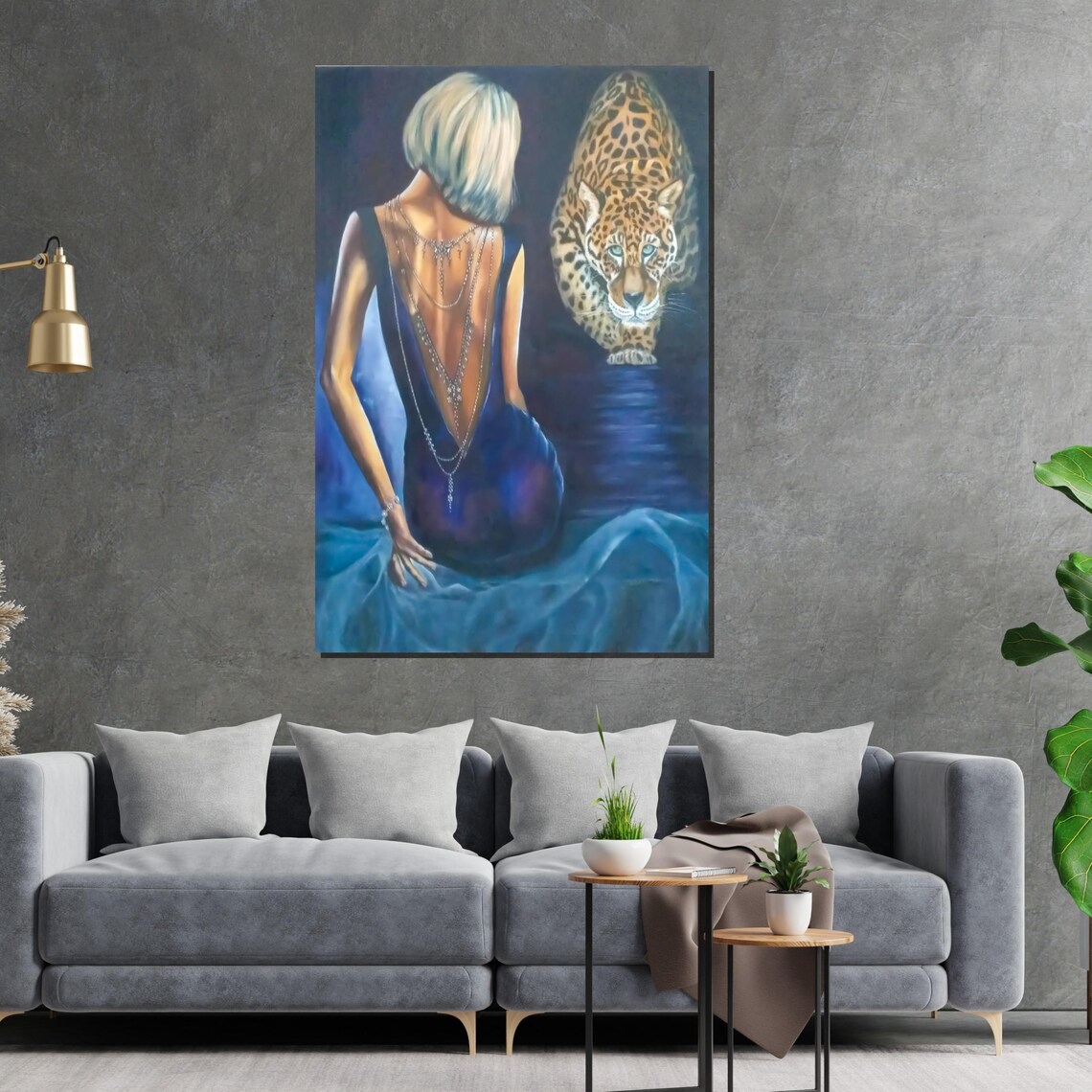 Blonde Woman in Blue Gown Walking With Leopard Wildlife Poster - Image 2