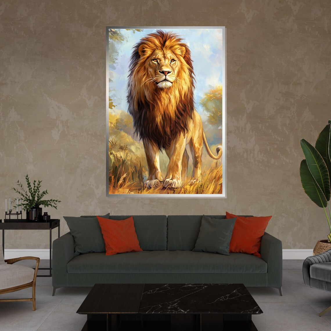 Majestic Lion Walking Golden Savanna Wildlife Portrait Art Poster - Image 4
