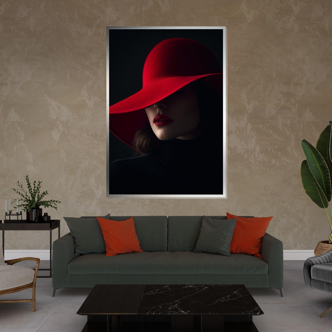 Elegant Mysterious Woman in Red Hat Dramatic Shadow Fashion Poster - Image 4