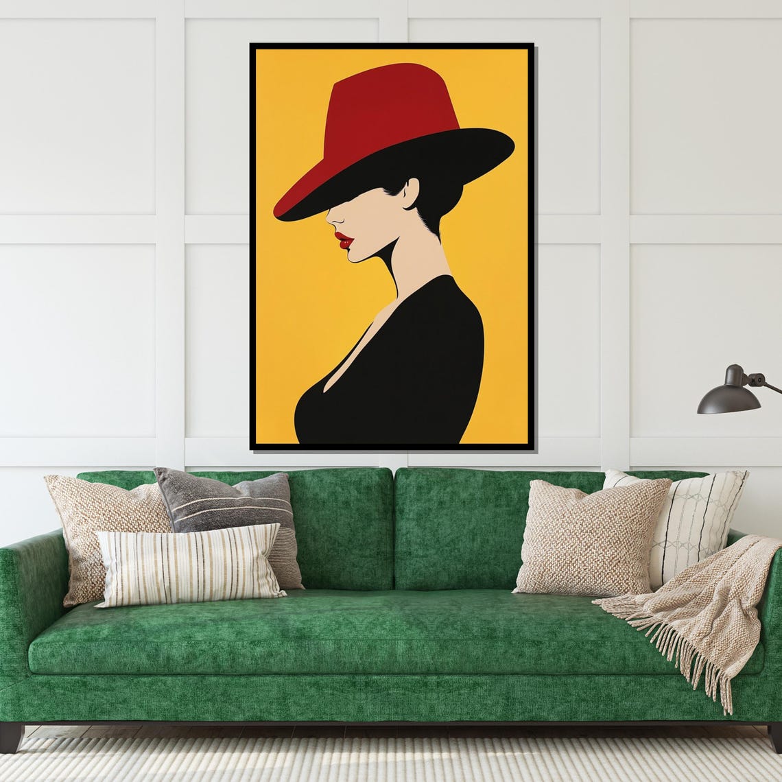 Minimalist Red Hat Lady Silhouette On Mustard Yellow Pop Art Poster - Image 4