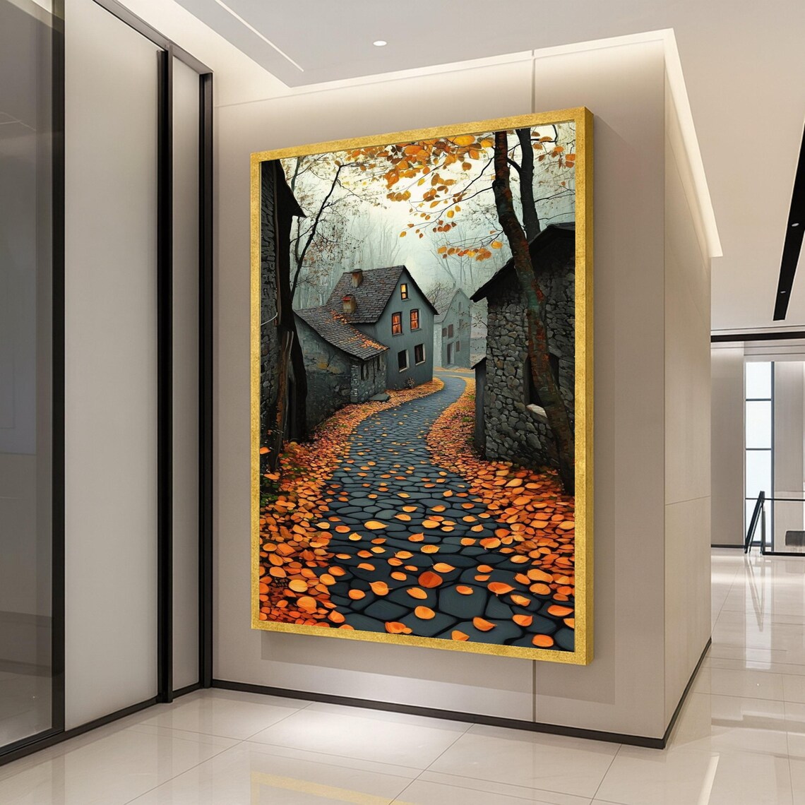 Autumn Village Cobblestone Lane Orange Leaves Misty Cottage Wall Art