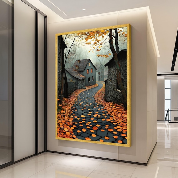 Autumn Village Path Canvas Wall Art Cozy Countryside Scene Fall Leaves And Stone Road Warm Home Decoration Rustic Ready To Hang