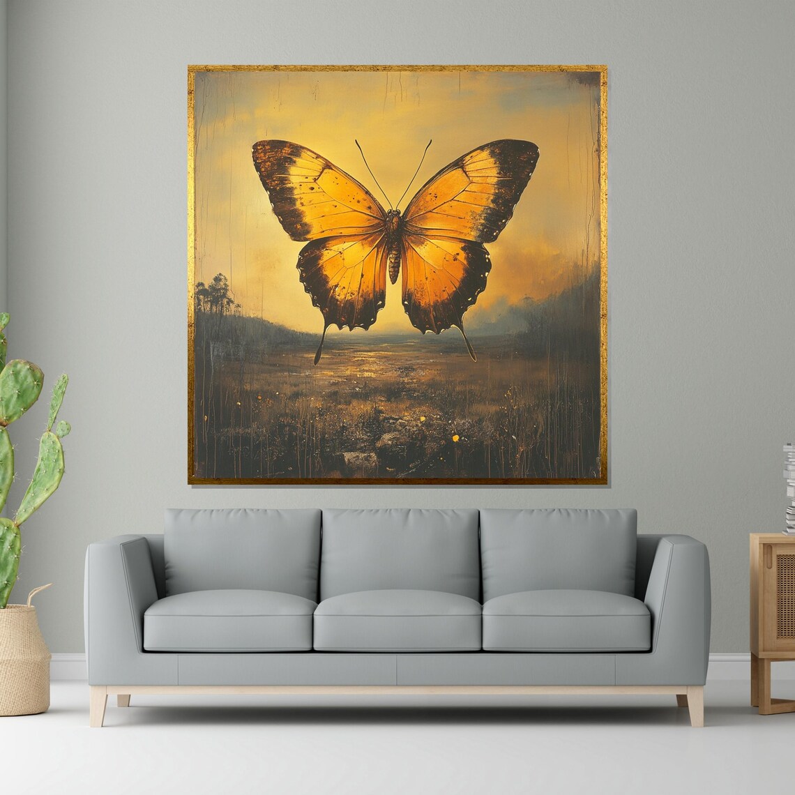 Golden Orange Butterfly Over A Sunset Landscape Nature Art Poster