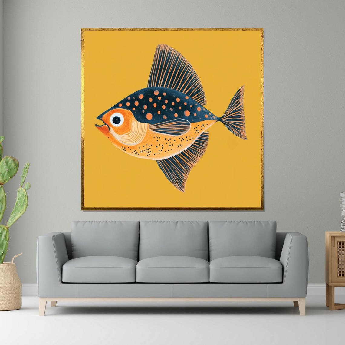 Playful Spotted Fish Orange Blue Mustard Yellow Nursery Poster