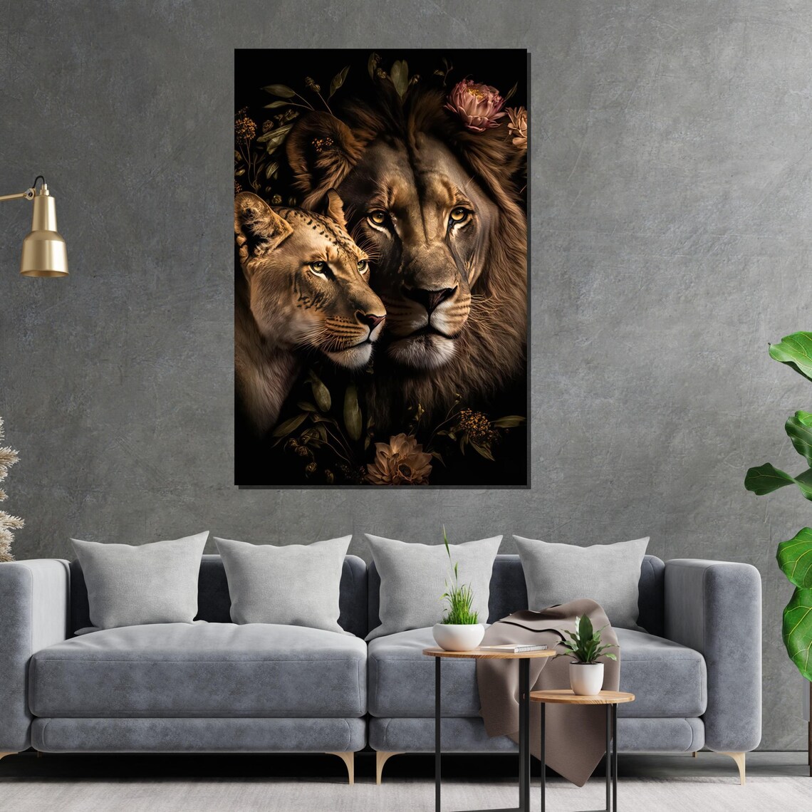 Lion and Lioness Pair Dark Floral Regal Couple Wildlife Art Poster - Image 2