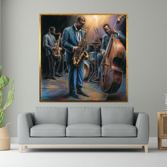 Jazz Quartet Art Jazz Musicians Wall Art Saxophone Double Bass Drums Print Music Wall Art Design Ready To Hang Decor