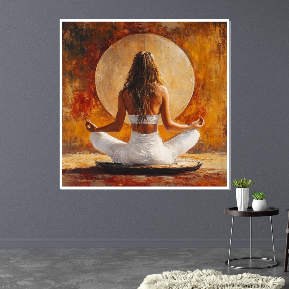 Woman Meditating Before Full Moon in Golden Light Art Poster - Image 3