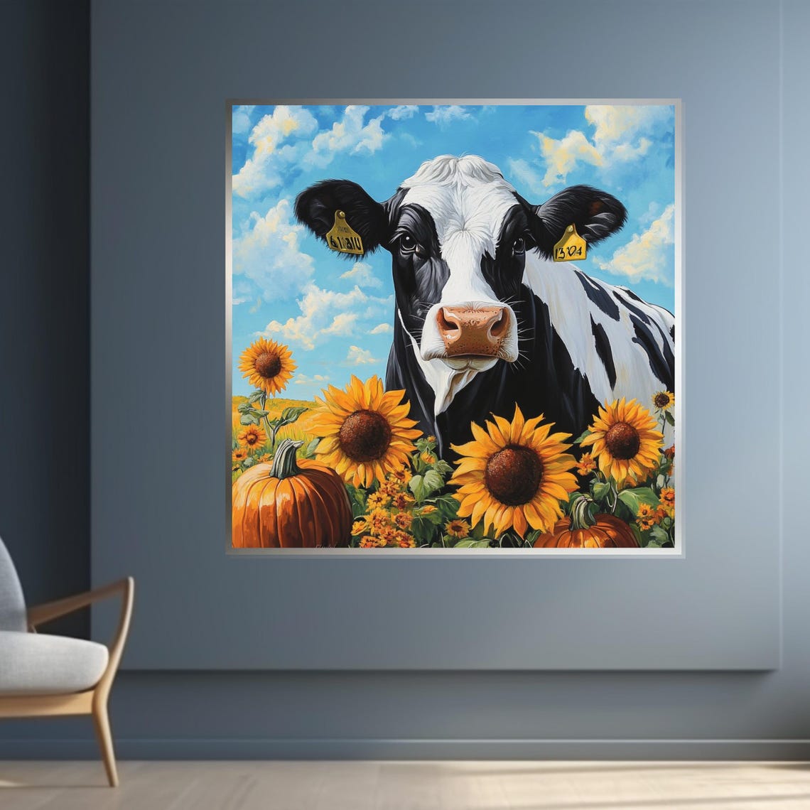 Cow Sunflowers Pumpkins Cheerful Farm Harvest Fall Art Poster - Image 4