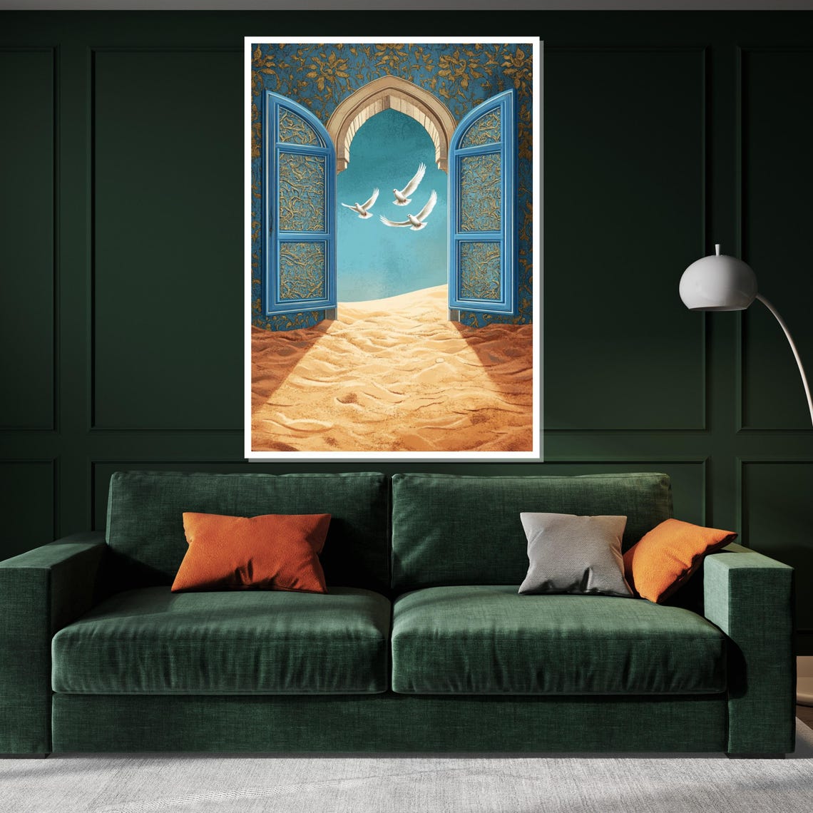 Blue Moroccan Doorway Doves Flying Desert Sand Dreamy Art Poster - Image 3