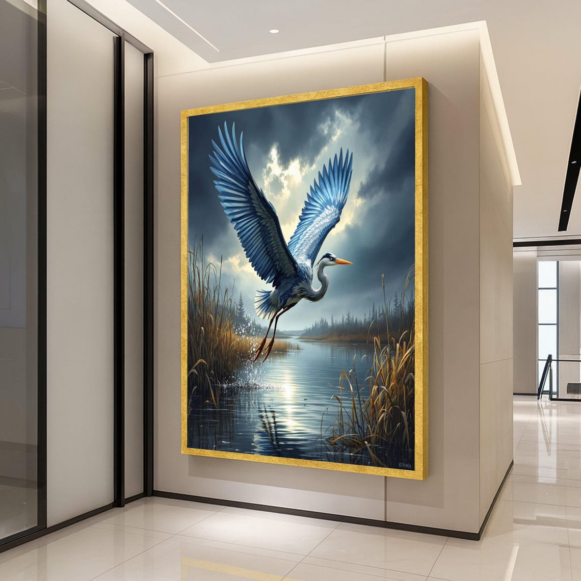 Great Blue Heron Flying Marsh Sunset Dramatic Wildlife Poster