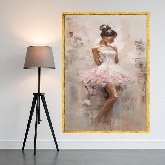 Elegant Ballerina In Pink Tutu Canvas Contemporary Ballet Art Female Dance Figure Painting Soft Neutral Wall Decor Ready To Hang