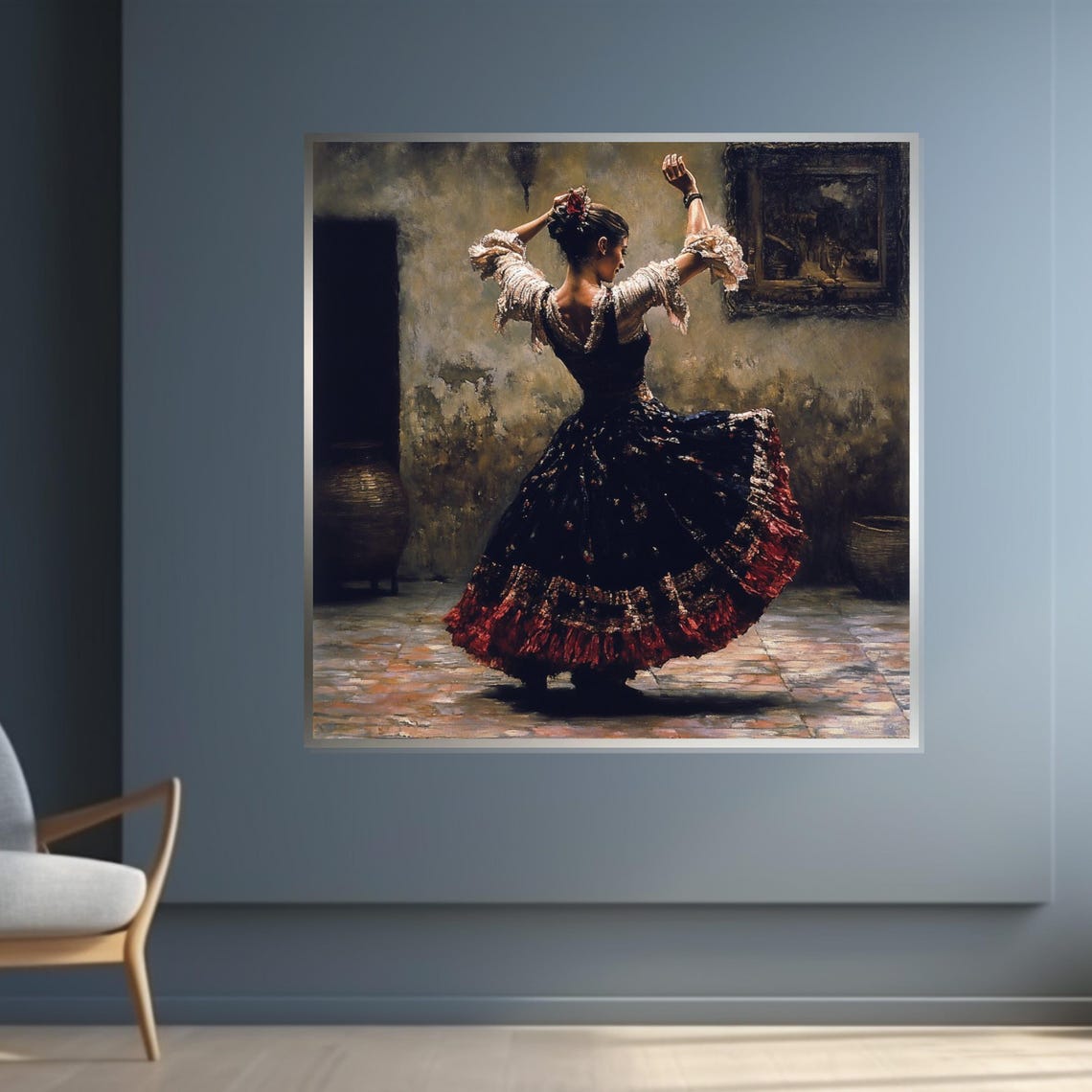Flamenco Dancer Swirling Traditional Spanish Dress Dark Room Poster - Image 4