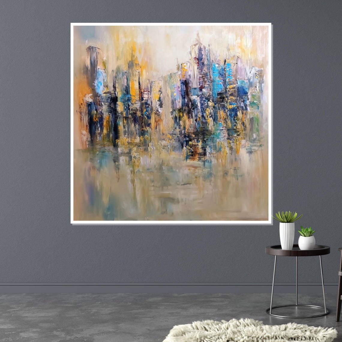 Soft Abstract Cityscape Water Reflection Muted Blue Beige Print - Image 3