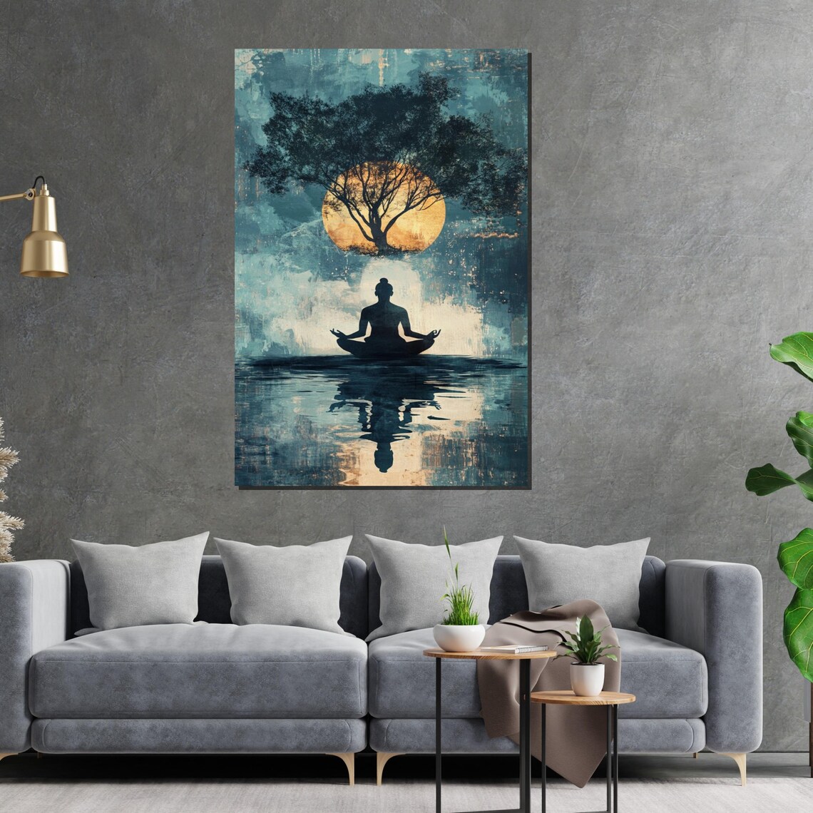 Moonlit Meditation Silhouette Tree and Lake Modern Yoga Art Poster - Image 2