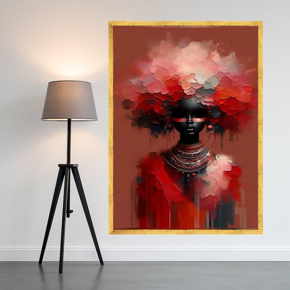 Abstract Black Woman Red Floral Hair Portrait Modern Art Wall Decor Print