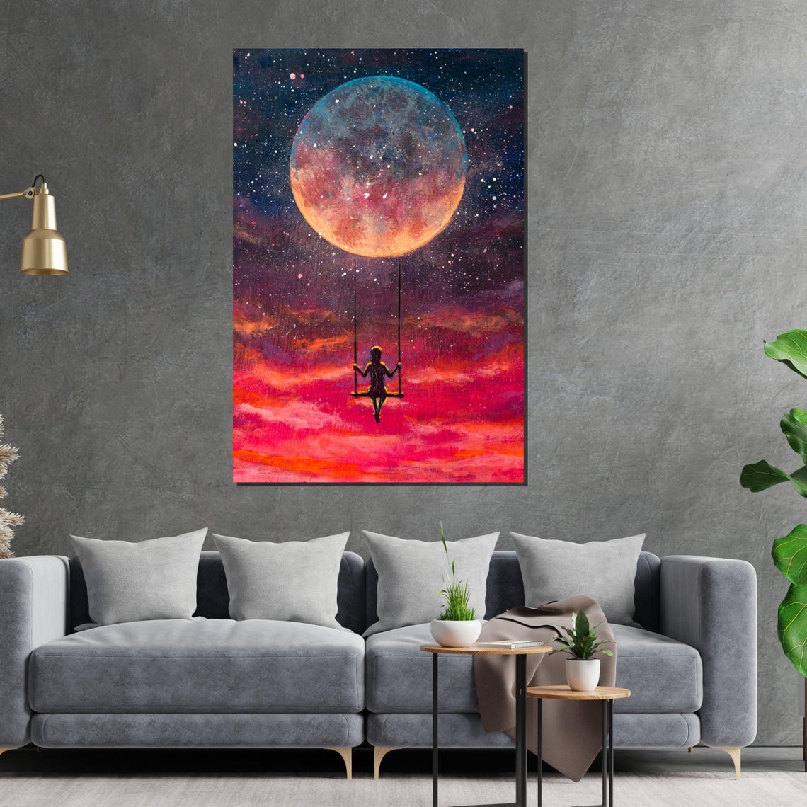 Girl On Swing Under Giant Moon Pink Clouds Dreamy Night Sky Poster - Image 2