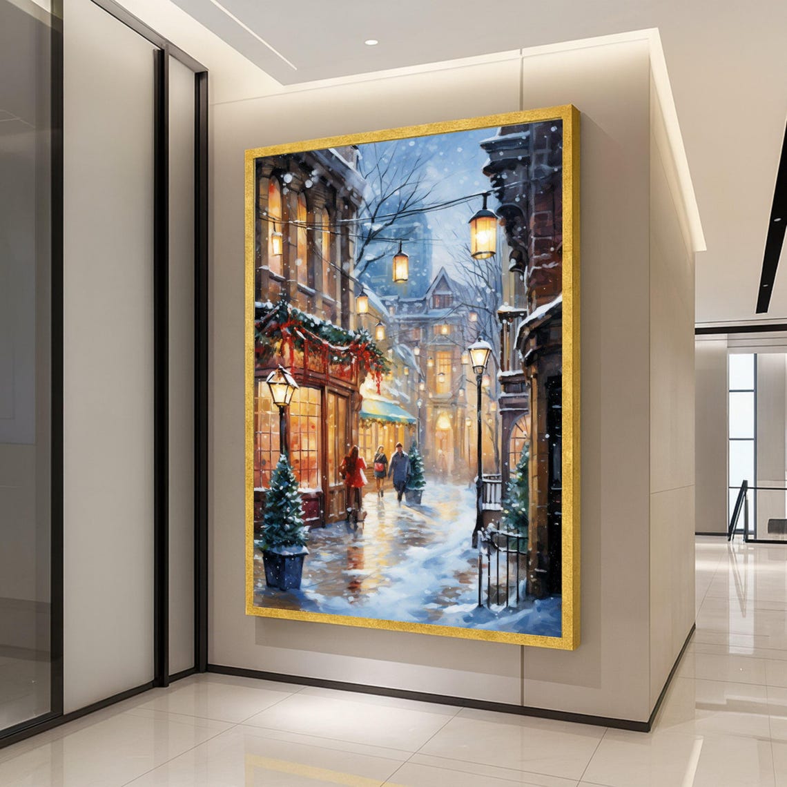 Cozy Snowy Winter Street Night Glowing Lamps Holiday Canvas Poster