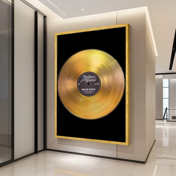 Solid Gold Vinyl Record Framed Black Background Retro Music Poster