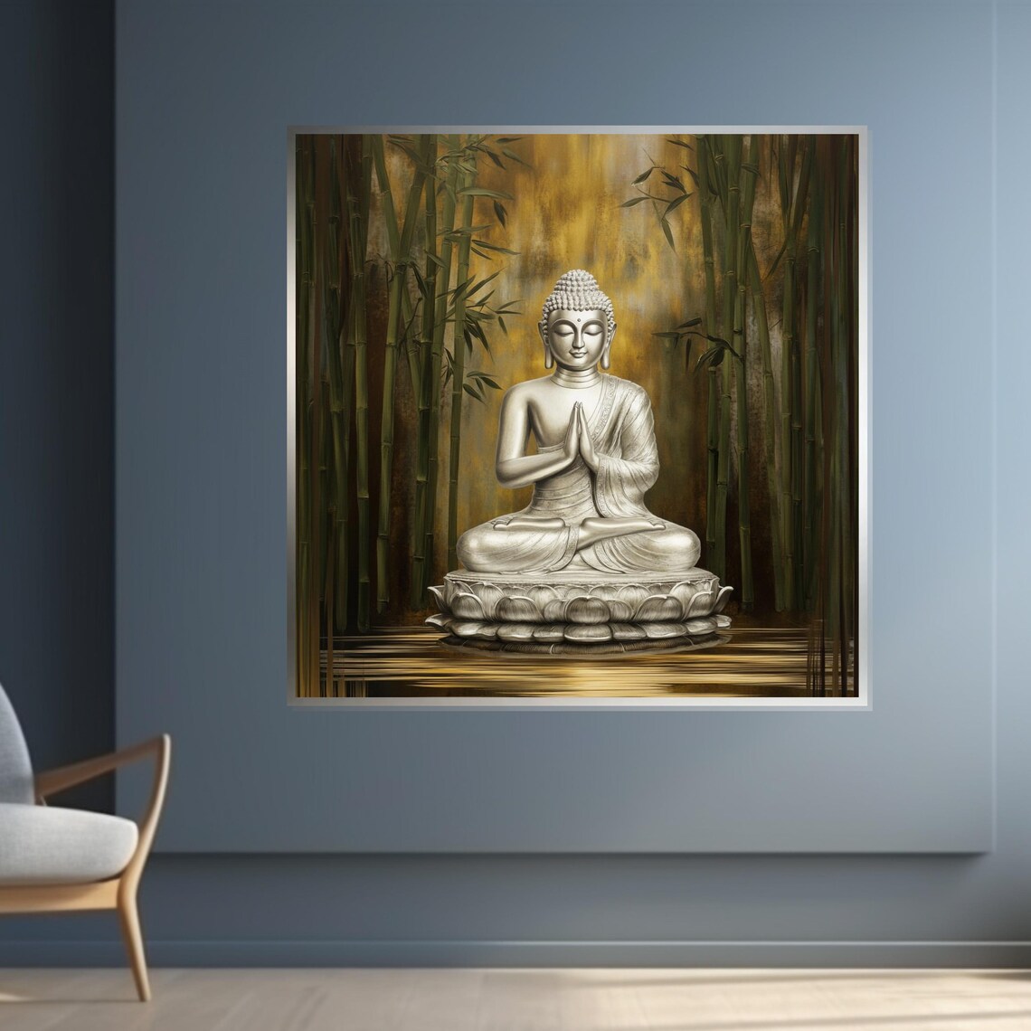 Silver Buddha in Bamboo Forest Golden Light Spiritual Art Poster - Image 4
