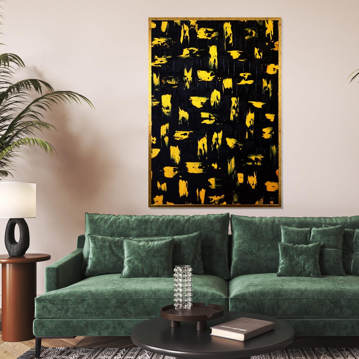 Bold Yellow Strokes Black Background Abstract Expressionist Print