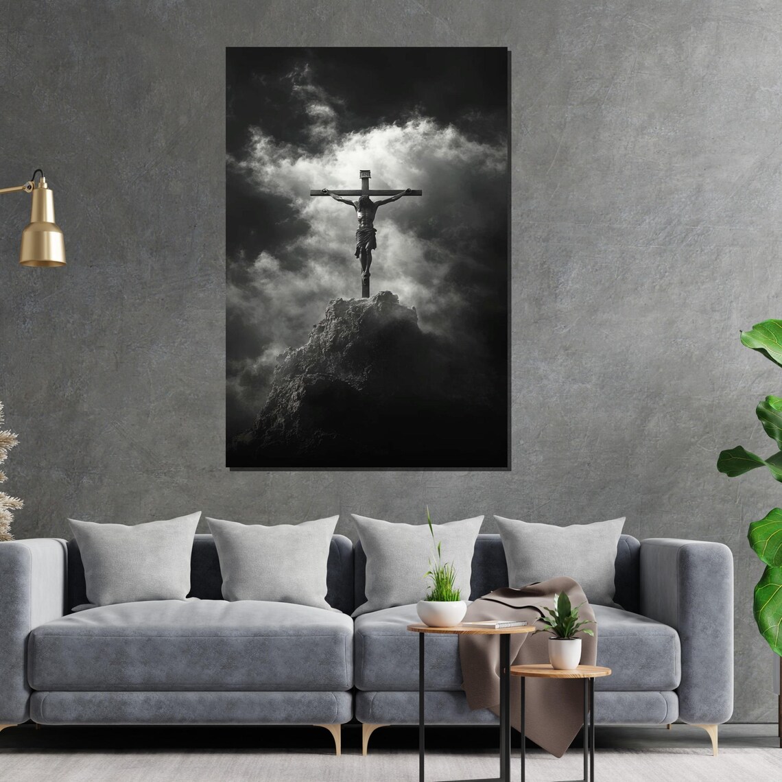 Crucifixion Of Jesus Black And White Dramatic Sky Christian Wall Art - Image 2