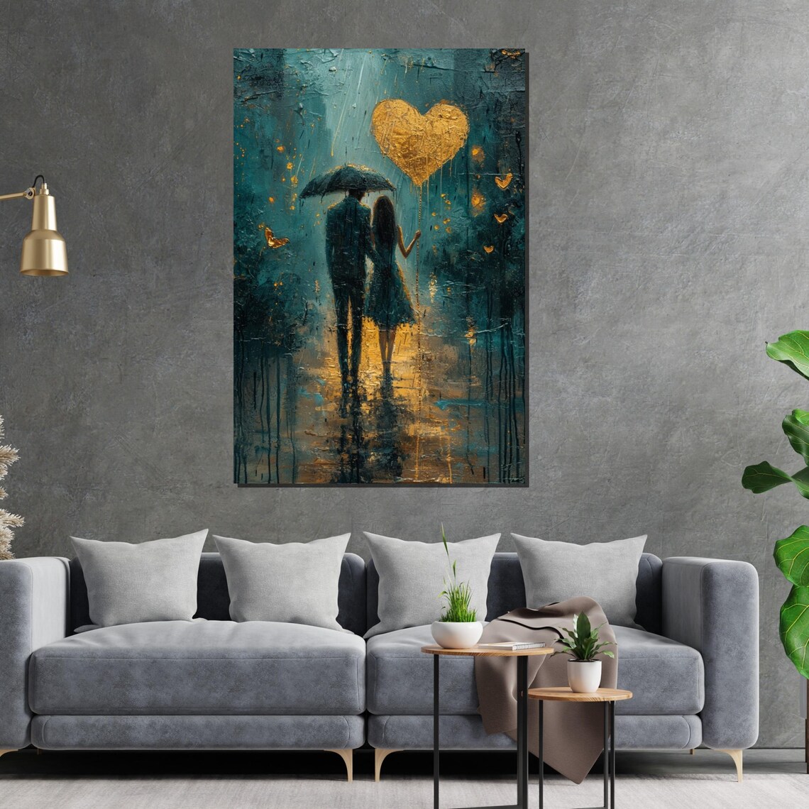 Couple Under Umbrella With Golden Heart Balloon Rainy Stroll Poster - Image 2