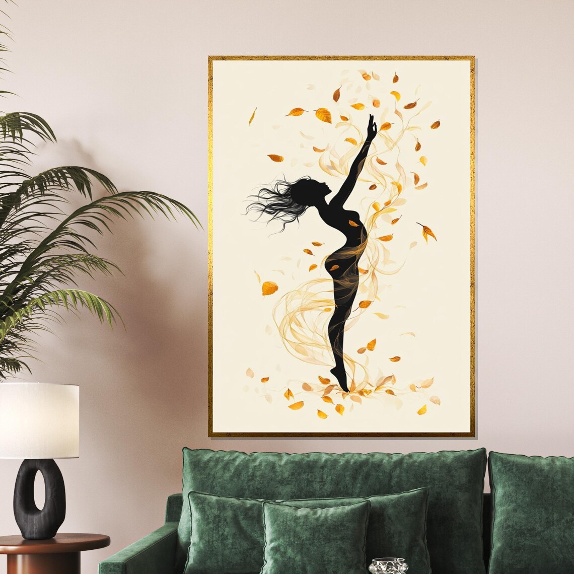 Dancing Woman Silhouette Swirling Autumn Leaves Cream Background Poster