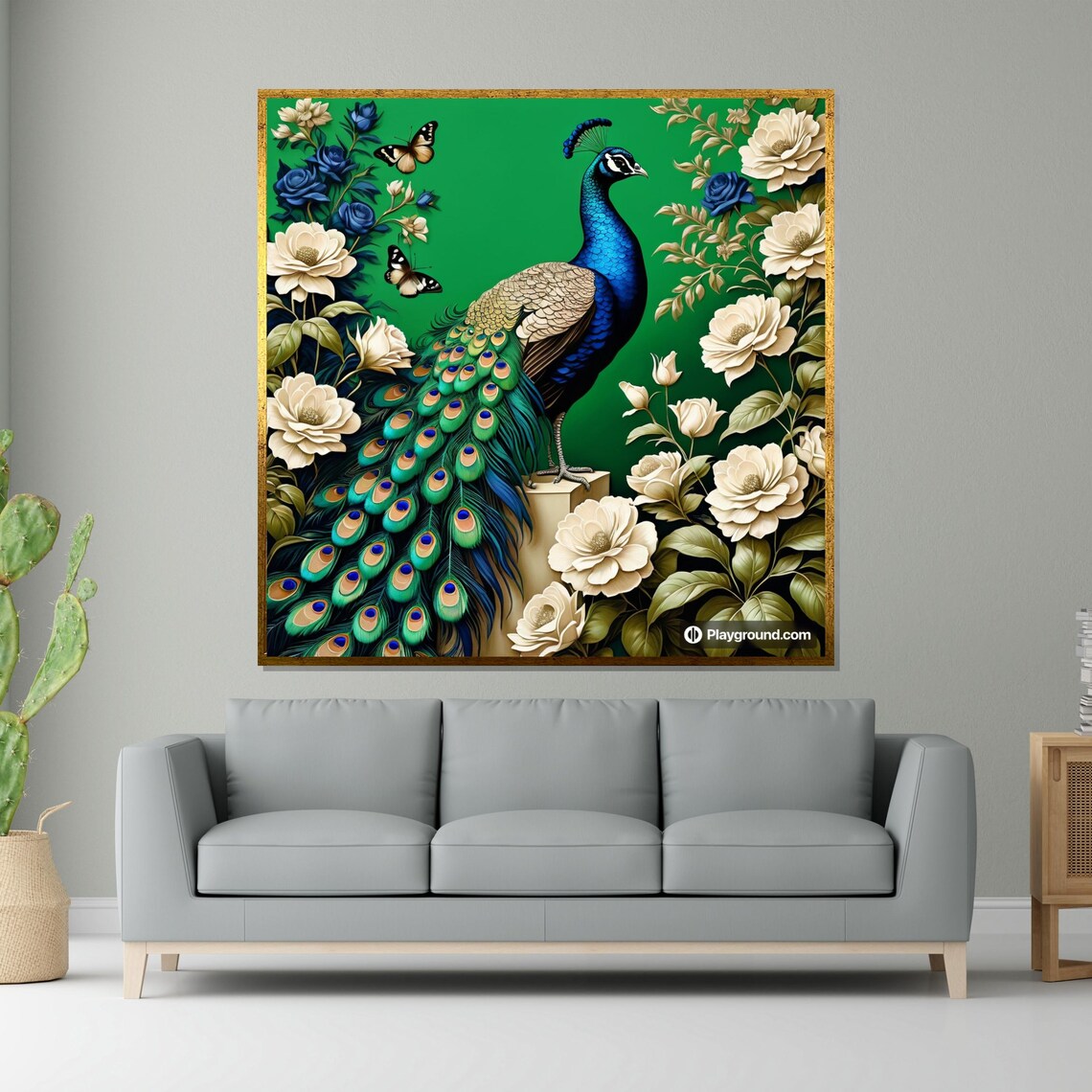 Elegant Peacock White Roses Butterflies Green Regal Bird Art Poster
