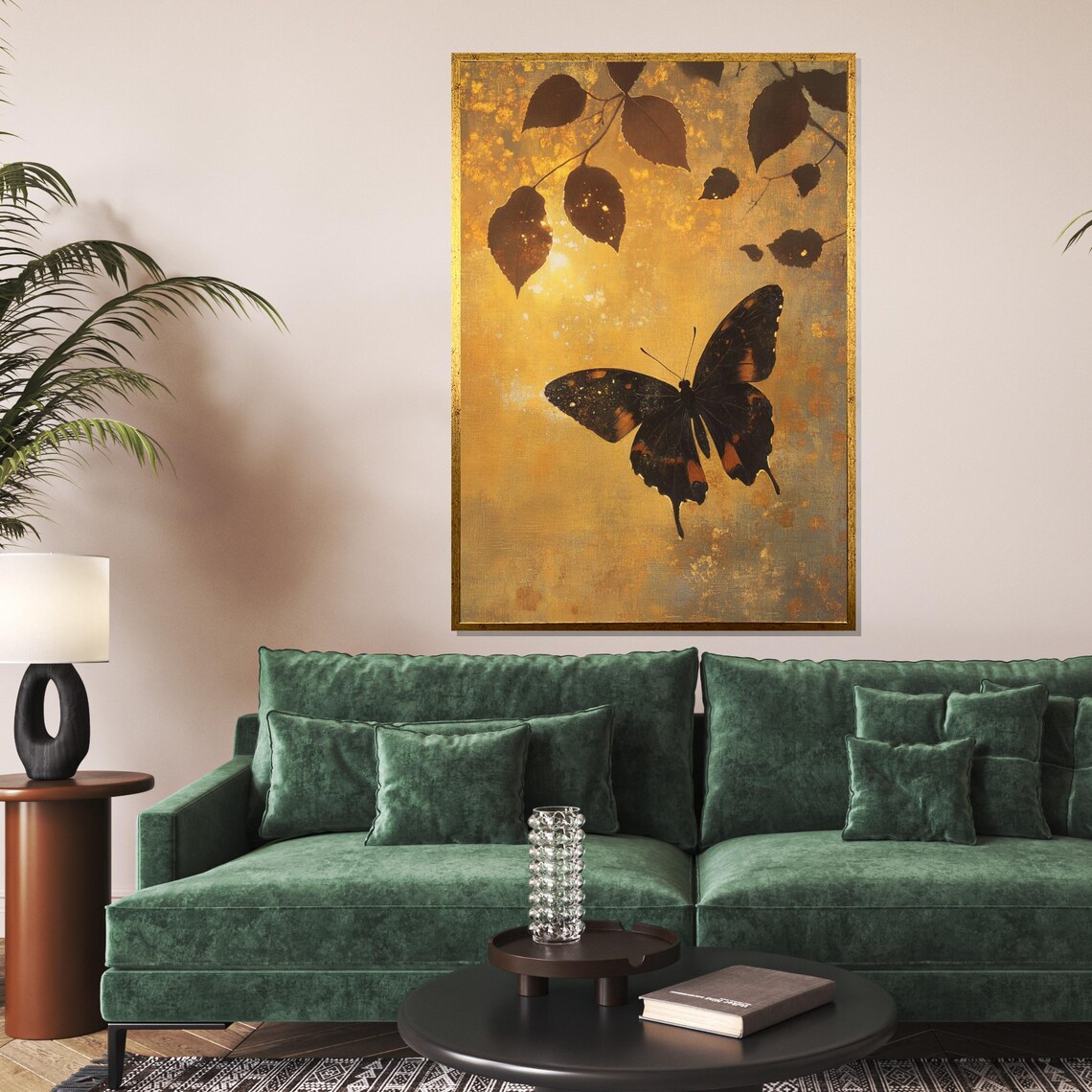 Dark Butterfly Gold Leaf Autumn Leaves Elegant Nature Art Poster