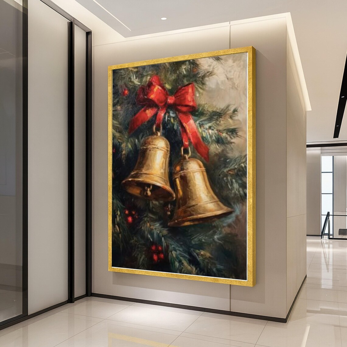 Golden Christmas Bells Red Bow Vintage Holiday Canvas Poster