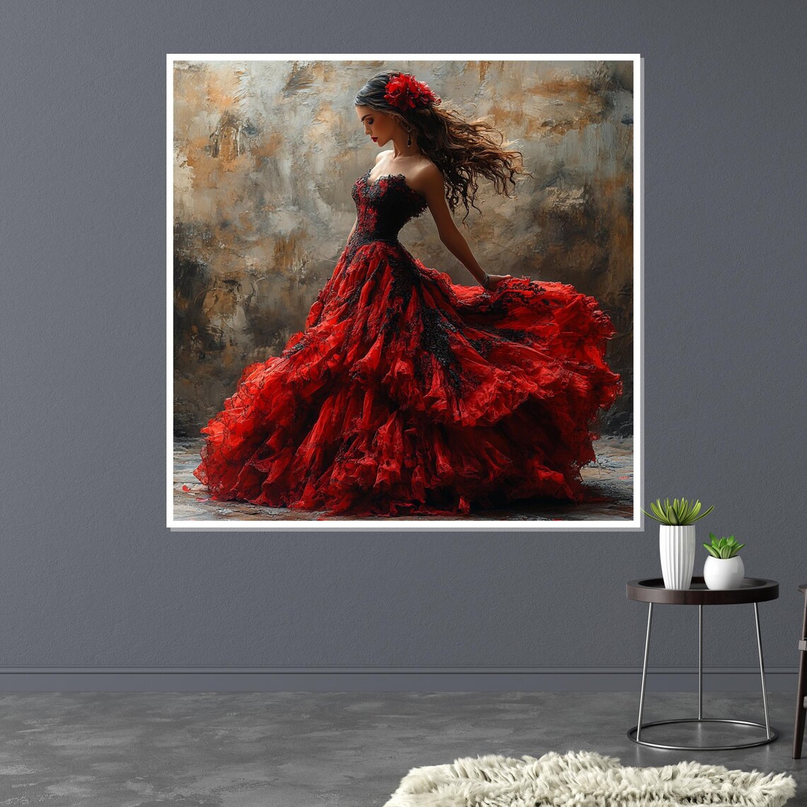 Woman in Flowing Red Ruffled Dress with Flower Dance Art Poster - Image 3