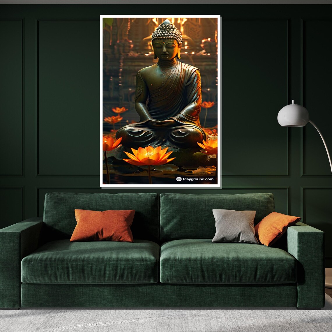 Bronze Buddha Statue Glowing Lotus Temple Night Garden Poster - Image 3
