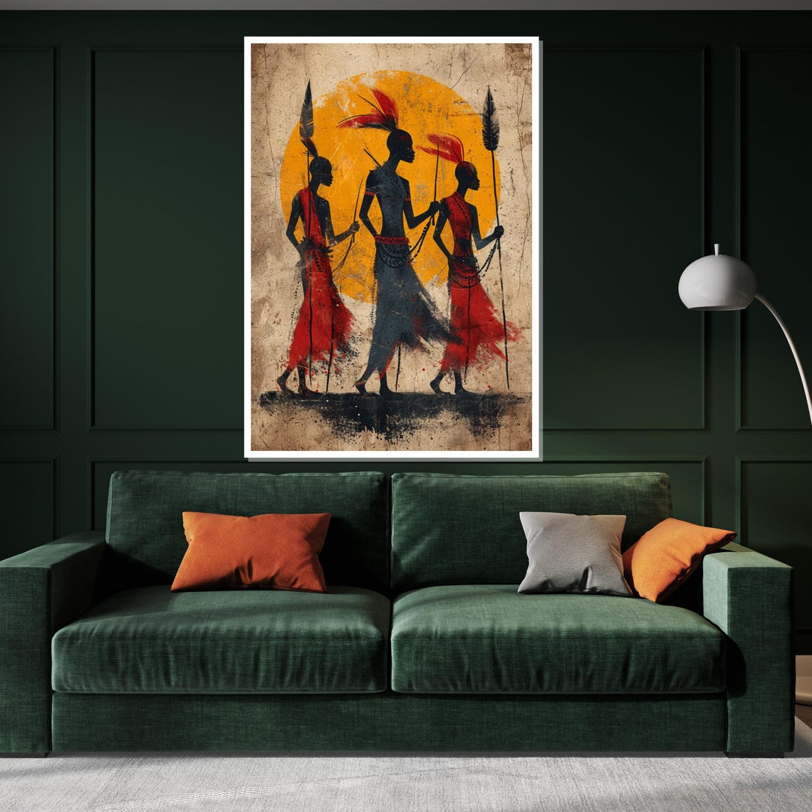 Tribal Warriors Silhouette Spears Orange Sun Ethnic Art Poster - Image 3