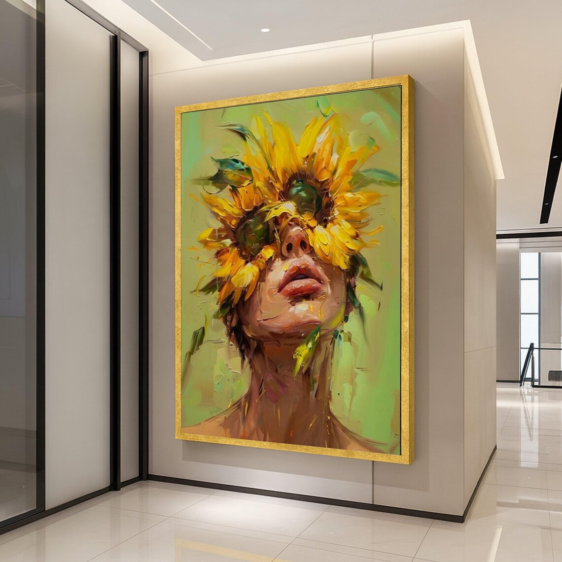 Woman With Sunflowers Over Face Expressionist Oil Painting Print