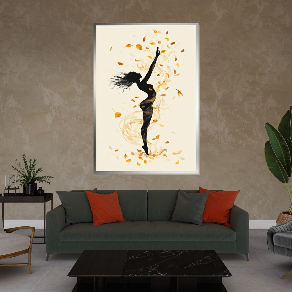 Dancing Woman Silhouette Swirling Autumn Leaves Cream Background Poster - Image 4