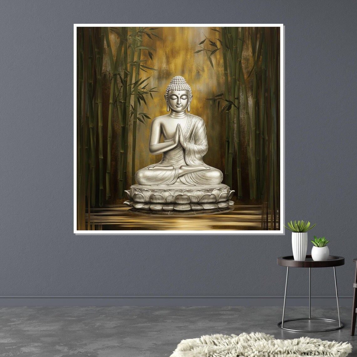 Silver Buddha in Bamboo Forest Golden Light Spiritual Art Poster - Image 3