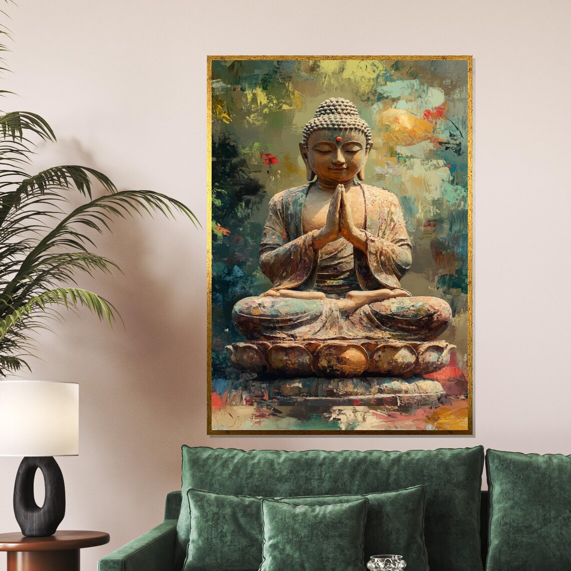 Praying Buddha Statue Lotus Pose Colorful Spiritual Art Poster