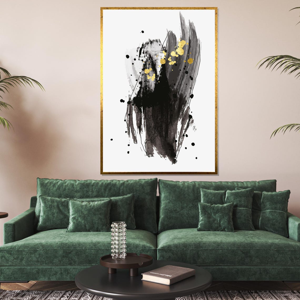 Black Ink Splash Gold Accents Dynamic Modern Abstract Poster