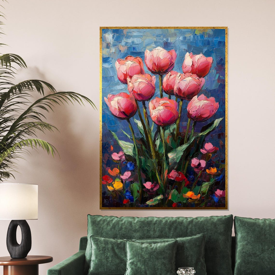 Pink Tulips Blue Background Vibrant Oil Painting Floral Art Poster