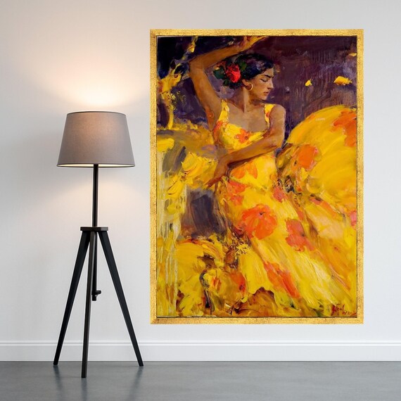 Flamenco Dancer Canvas Vibrant Yellow Dress Spanish Dance Art Expressive Woman Portrait Bold Color Wall Ready To Hang