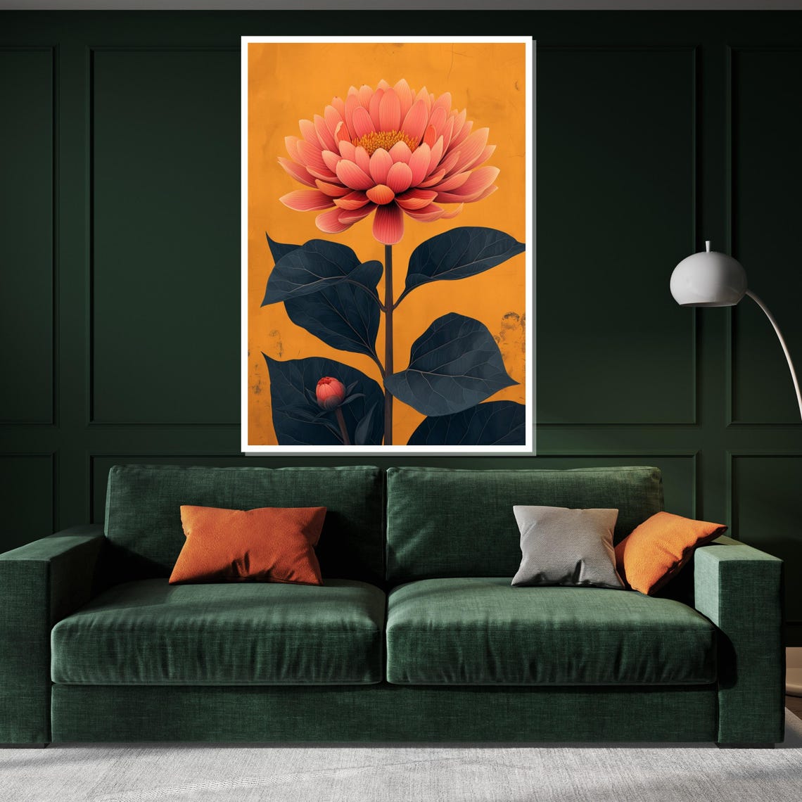 Orange Dahlia Mustard Yellow Background Bold Botanical Art Poster - Image 3