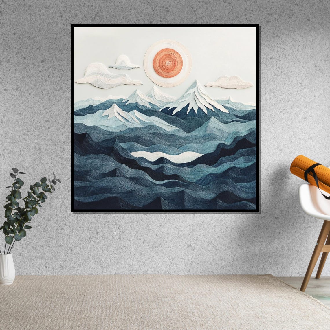 Stitched Blue Mountain Peaks Embroidered Thread Landscape Poster - Image 5