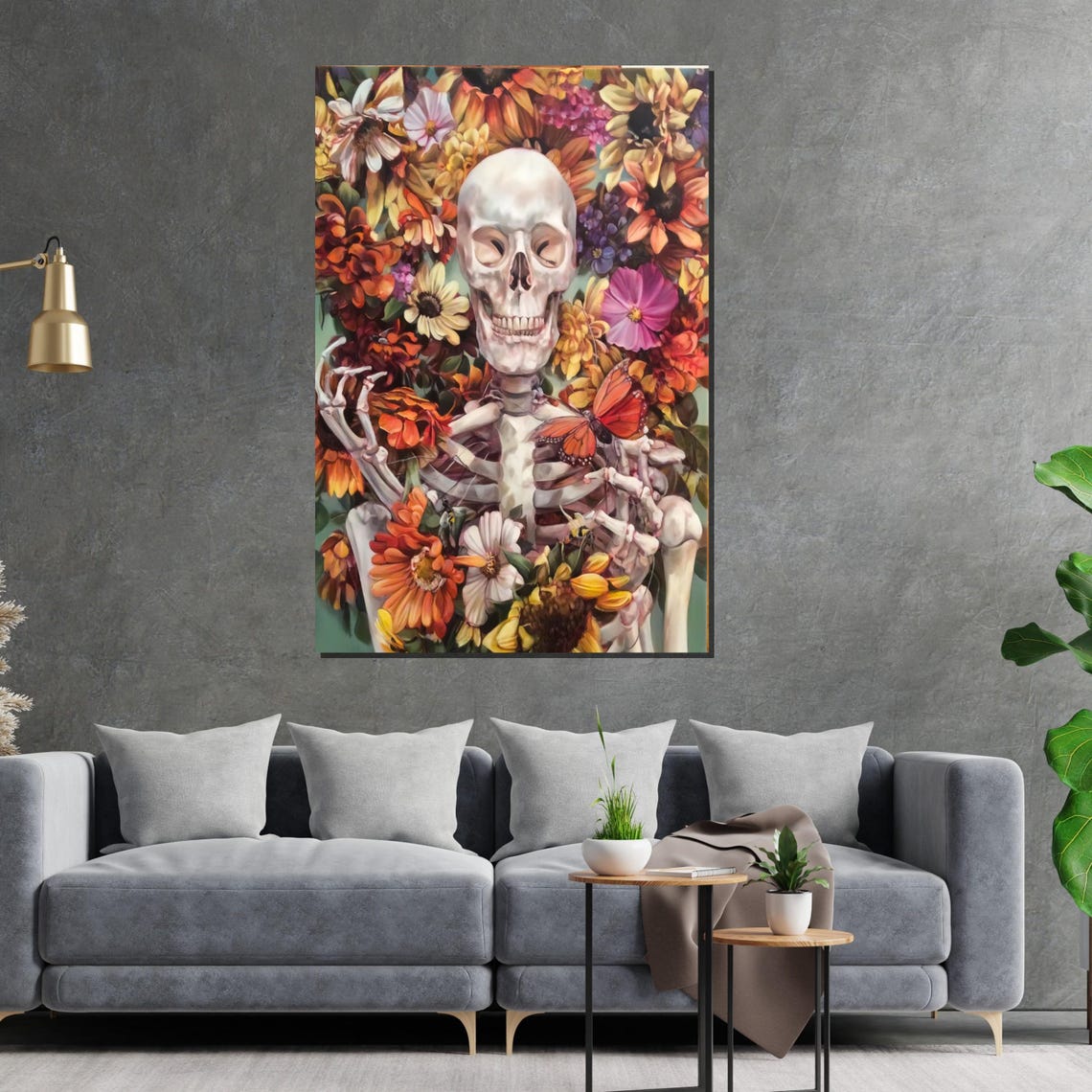 Skeleton Surrounded By Sunflowers Butterfly Floral Gothic Art Poster - Image 2