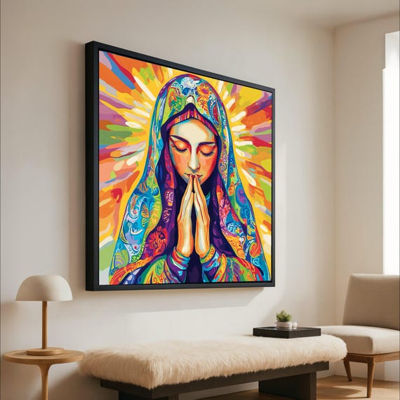 Vibrant Praying Woman Canvas Colorful Spiritual Wall Art Meditation Decor Inspirational Painting Bright Home Ready To Hang