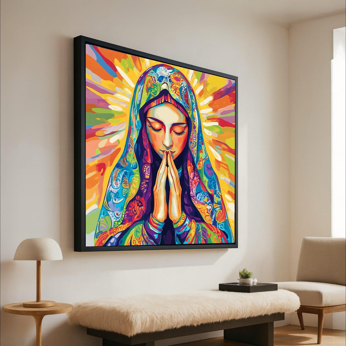 Virgin Mary Vibrant Rainbow Veil Prayer Religious Art Poster