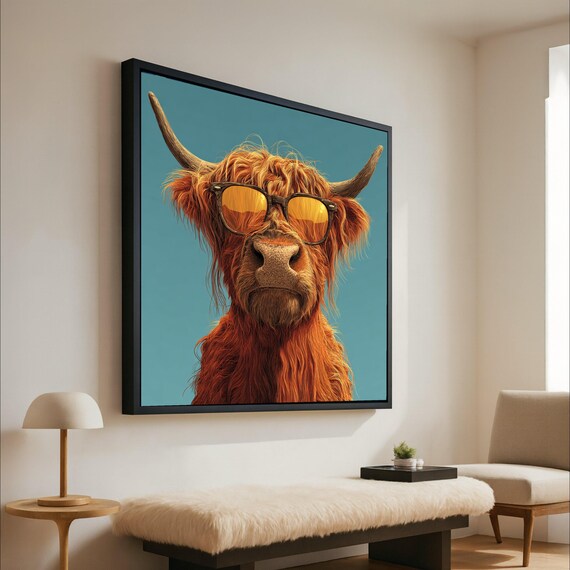 Cool Highland Cow Canvas Wall Art Sunglasses Animal Portrait Modern Farmhouse Decor Funny Rustic Home Ready To Hang