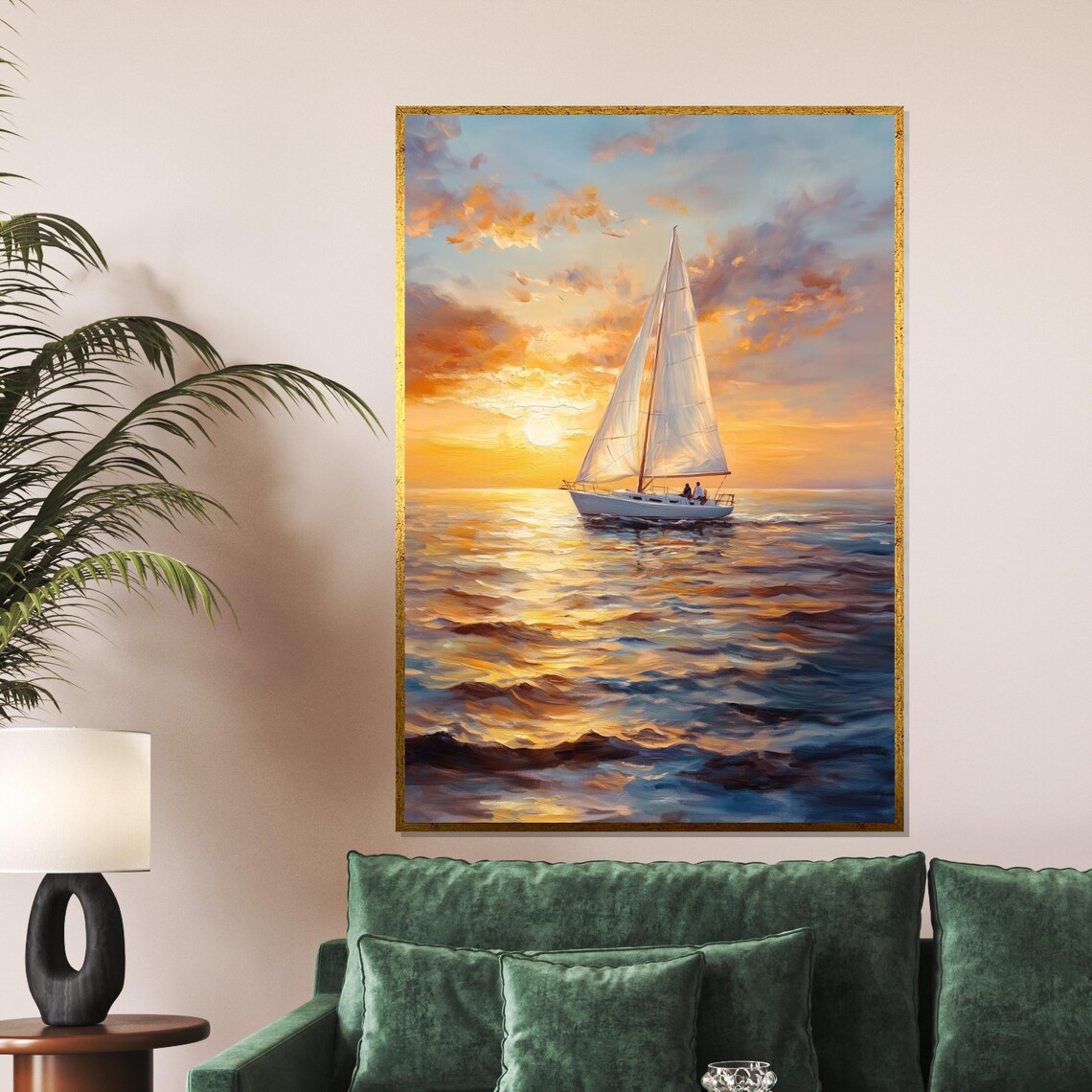 Golden Sunset Sailboat Ocean Oil Painting Seascape Art Poster